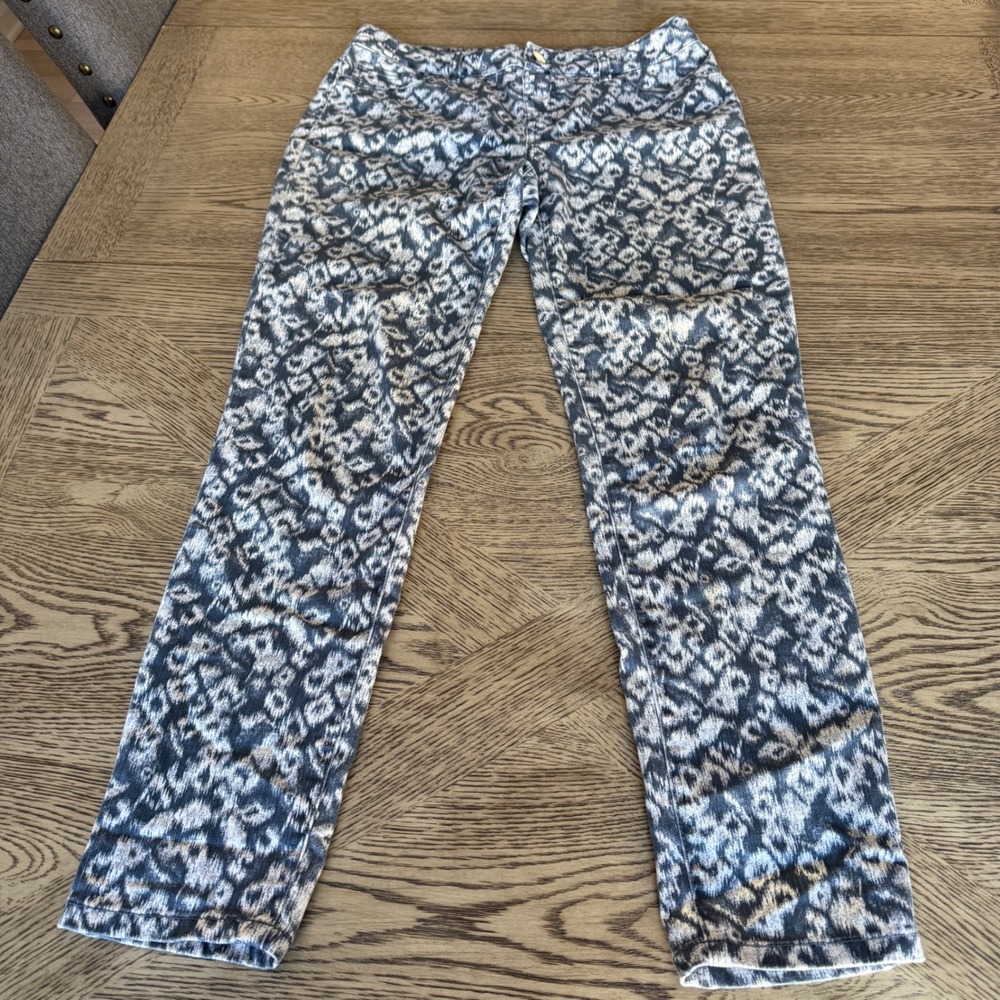 Chico's Size 4 Blue White Ikat Print Denim Pants Straight Leg Patterned Jeans